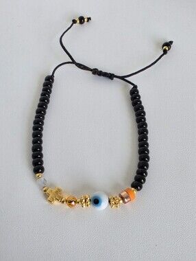 Handmade Evil Eye Cross Adjustable Beaded Bracelet Black Gold Protection